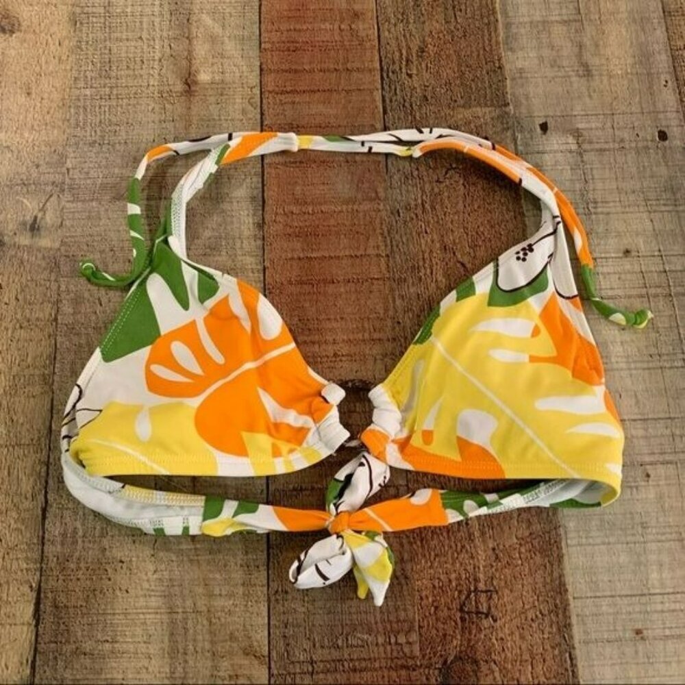 Citrus banana leaf yellow, white, green, orange bikini top - M